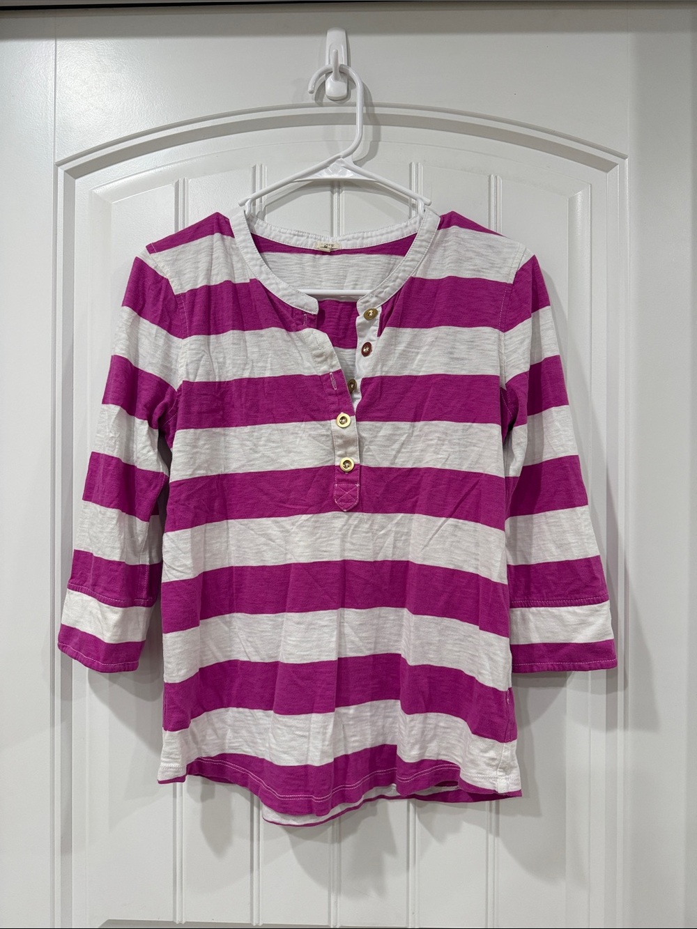 EUC J. Crew Pink and White Striped Henley Top with Gold Buttons